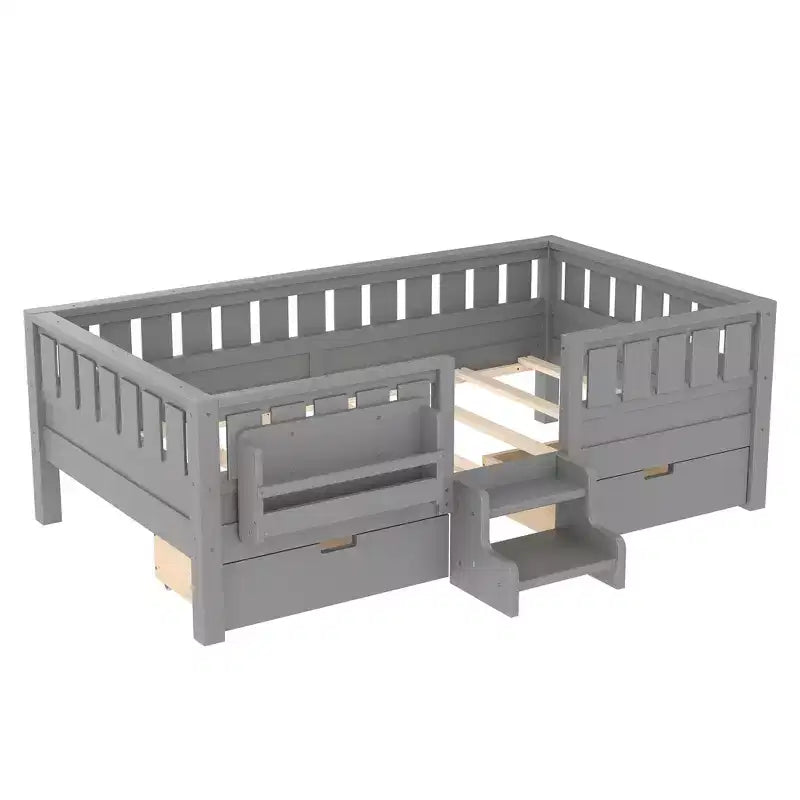 Bellemave Letto a piattaforma con librerie integrate e cassetti portaoggetti, telaio letto a piattaforma in legno massiccio con scala e ringhiere per bambini