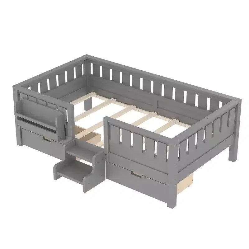 Bellemave Letto a piattaforma con librerie integrate e cassetti portaoggetti, telaio letto a piattaforma in legno massiccio con scala e ringhiere per bambini