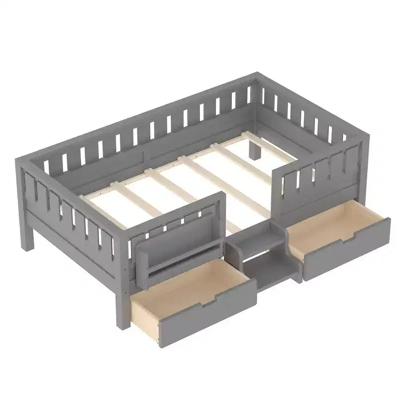 Bellemave Letto a piattaforma con librerie integrate e cassetti portaoggetti, telaio letto a piattaforma in legno massiccio con scala e ringhiere per bambini
