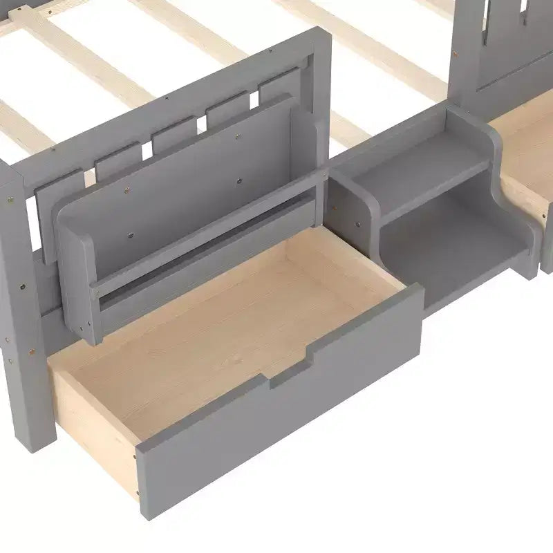 Bellemave Letto a piattaforma con librerie integrate e cassetti portaoggetti, telaio letto a piattaforma in legno massiccio con scala e ringhiere per bambini