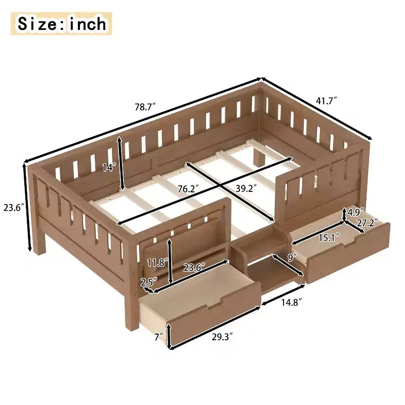 Bellemave Letto a piattaforma con librerie integrate e cassetti portaoggetti, telaio letto a piattaforma in legno massiccio con scala e ringhiere per bambini