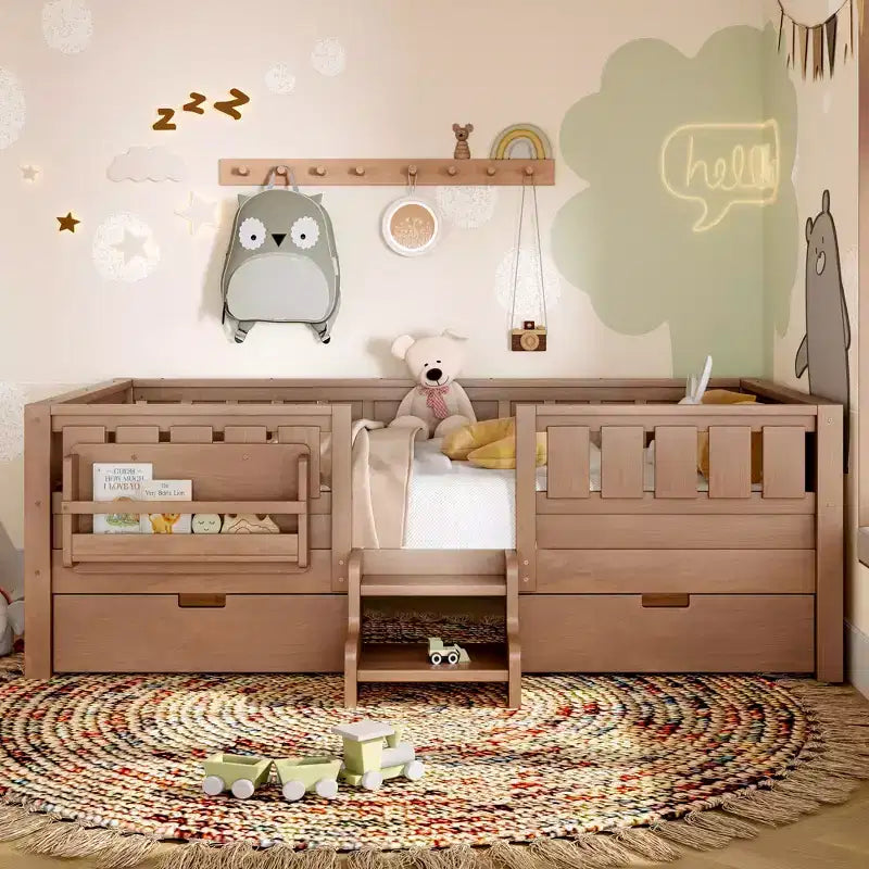 Bellemave Letto a piattaforma con librerie integrate e cassetti portaoggetti, telaio letto a piattaforma in legno massiccio con scala e ringhiere per bambini