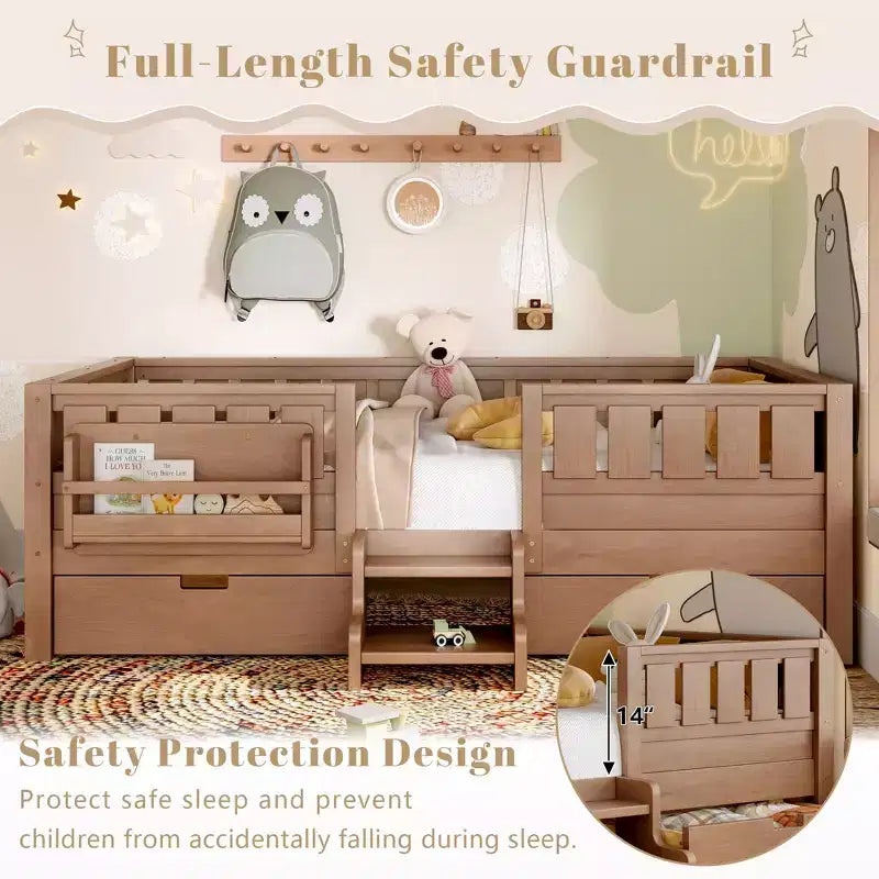 Bellemave Letto a piattaforma con librerie integrate e cassetti portaoggetti, telaio letto a piattaforma in legno massiccio con scala e ringhiere per bambini