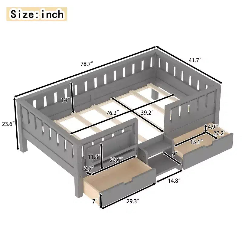 Bellemave Letto a piattaforma con librerie integrate e cassetti portaoggetti, telaio letto a piattaforma in legno massiccio con scala e ringhiere per bambini