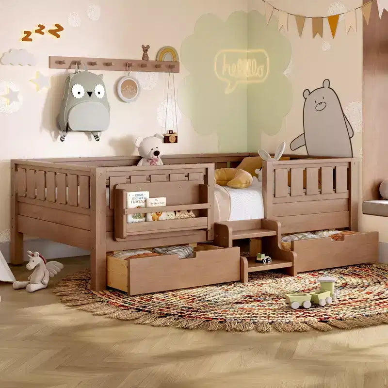 Bellemave Letto a piattaforma con librerie integrate e cassetti portaoggetti, telaio letto a piattaforma in legno massiccio con scala e ringhiere per bambini