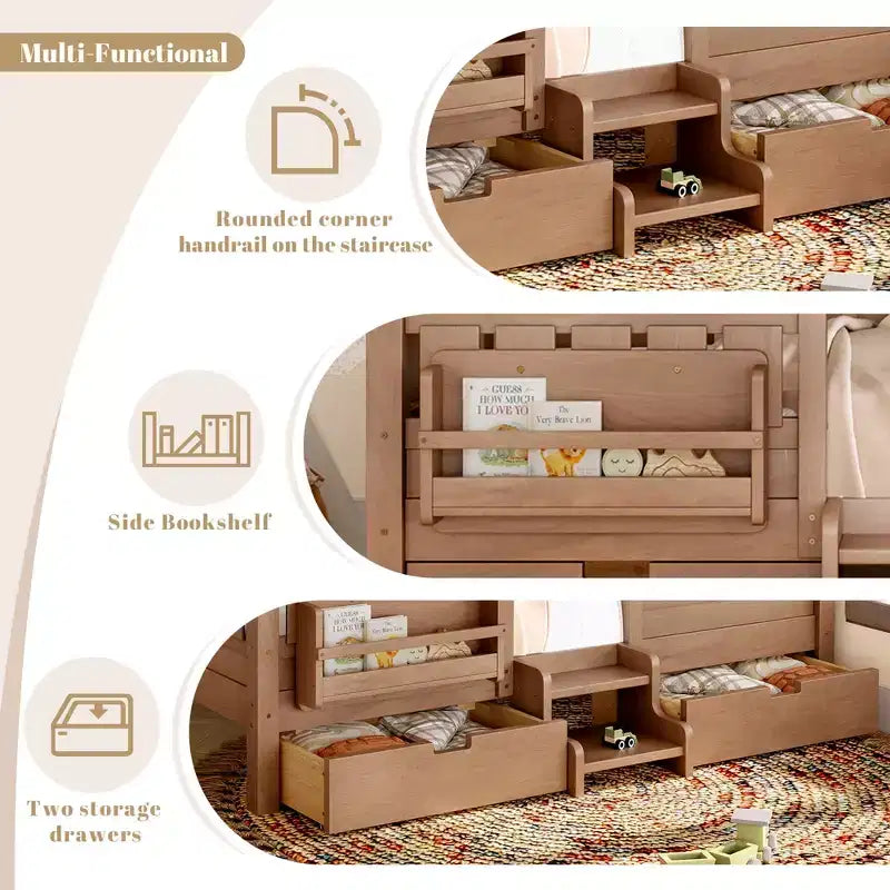 Bellemave Letto a piattaforma con librerie integrate e cassetti portaoggetti, telaio letto a piattaforma in legno massiccio con scala e ringhiere per bambini