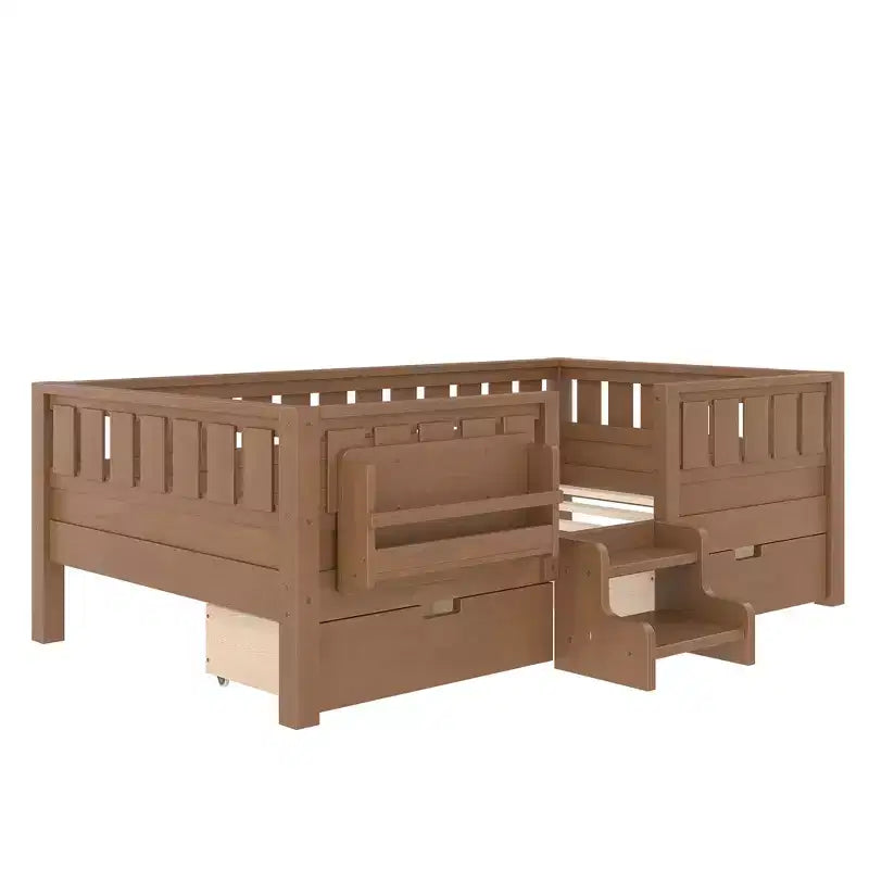 Bellemave Letto a piattaforma con librerie integrate e cassetti portaoggetti, telaio letto a piattaforma in legno massiccio con scala e ringhiere per bambini