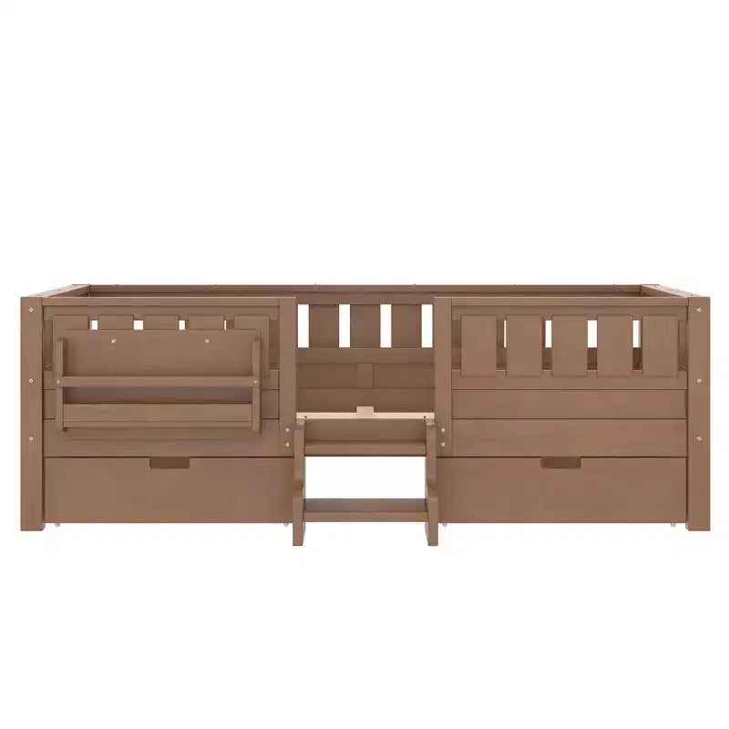 Bellemave Letto a piattaforma con librerie integrate e cassetti portaoggetti, telaio letto a piattaforma in legno massiccio con scala e ringhiere per bambini
