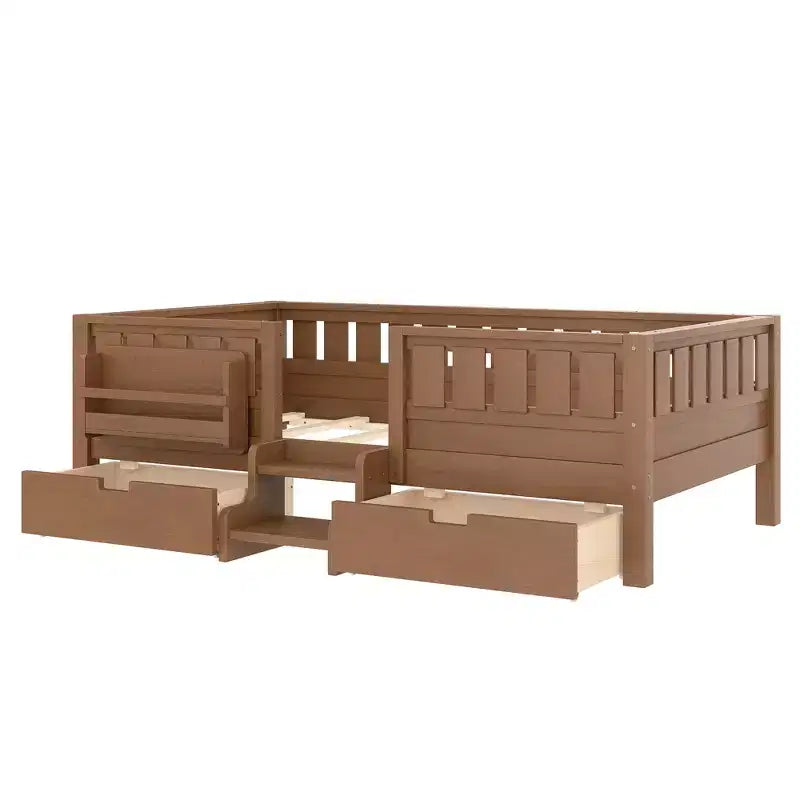 Bellemave Letto a piattaforma con librerie integrate e cassetti portaoggetti, telaio letto a piattaforma in legno massiccio con scala e ringhiere per bambini