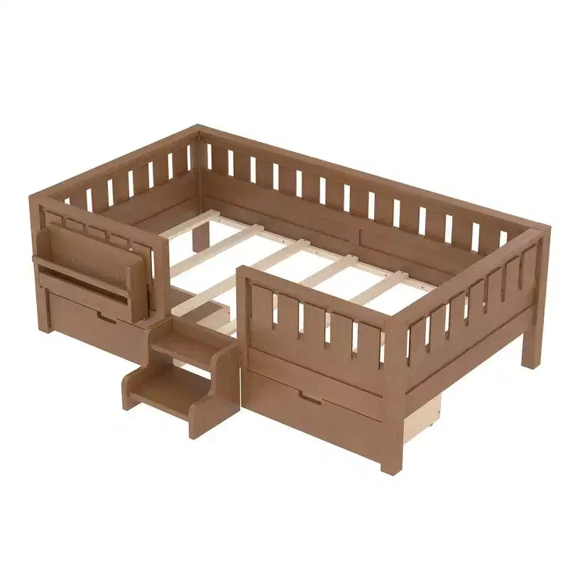 Bellemave Letto a piattaforma con librerie integrate e cassetti portaoggetti, telaio letto a piattaforma in legno massiccio con scala e ringhiere per bambini