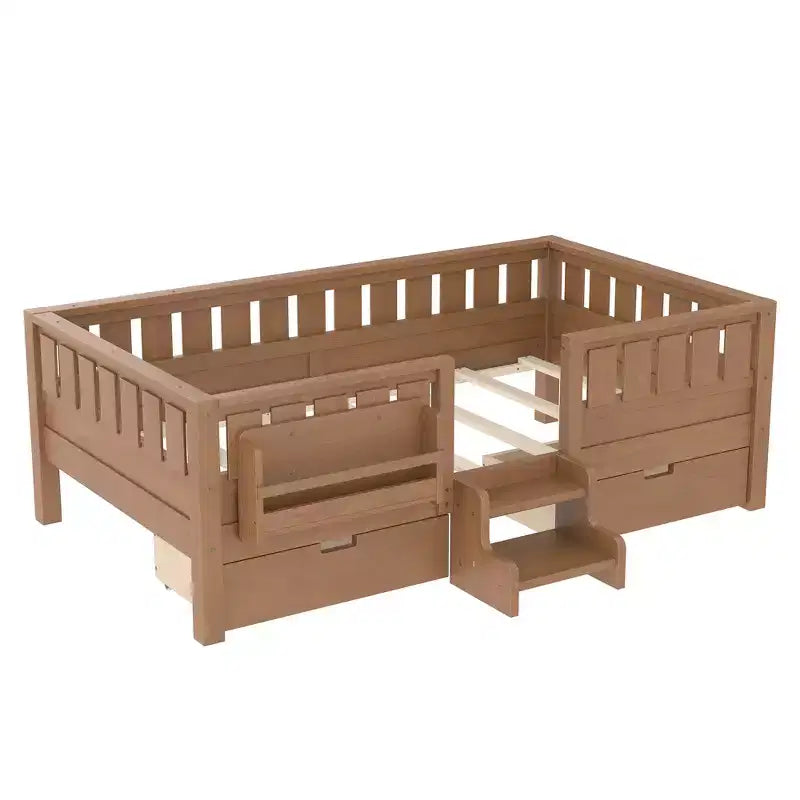 Bellemave Letto a piattaforma con librerie integrate e cassetti portaoggetti, telaio letto a piattaforma in legno massiccio con scala e ringhiere per bambini