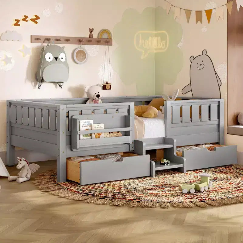 Bellemave Letto a piattaforma con librerie integrate e cassetti portaoggetti, telaio letto a piattaforma in legno massiccio con scala e ringhiere per bambini