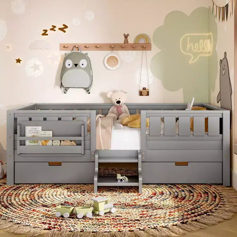 Bellemave Letto a piattaforma con librerie integrate e cassetti portaoggetti, telaio letto a piattaforma in legno massiccio con scala e ringhiere per bambini