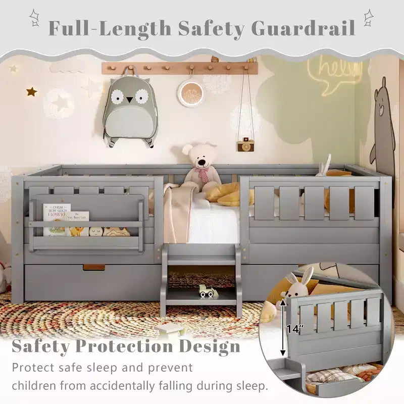 Bellemave Letto a piattaforma con librerie integrate e cassetti portaoggetti, telaio letto a piattaforma in legno massiccio con scala e ringhiere per bambini