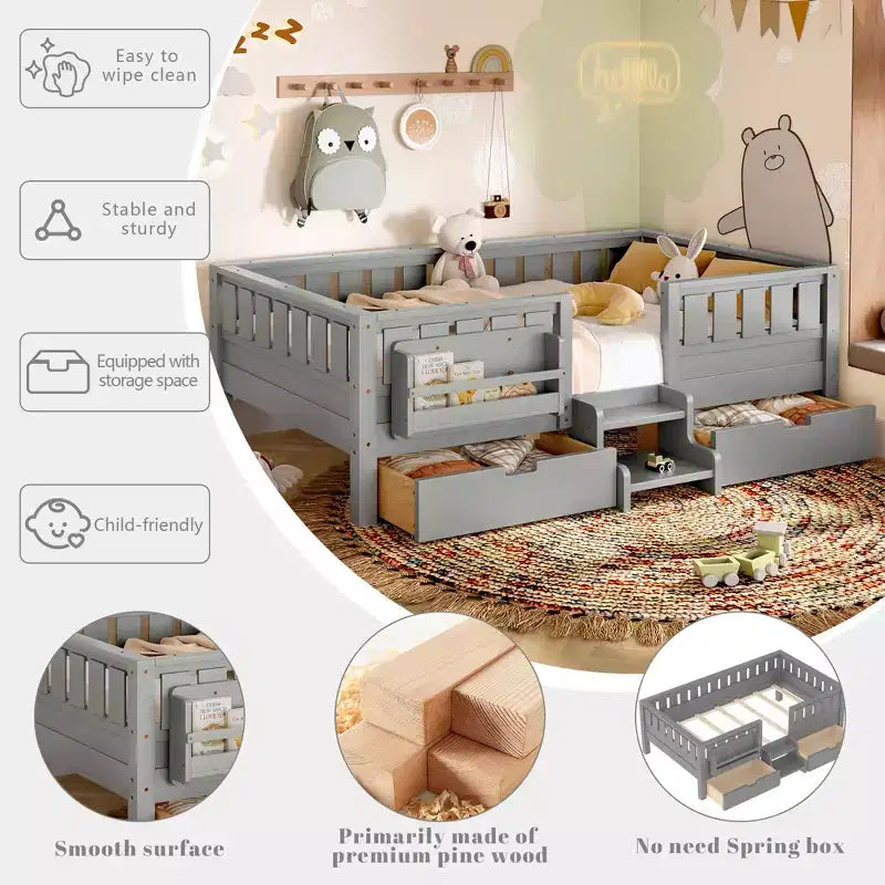 Bellemave Letto a piattaforma con librerie integrate e cassetti portaoggetti, telaio letto a piattaforma in legno massiccio con scala e ringhiere per bambini