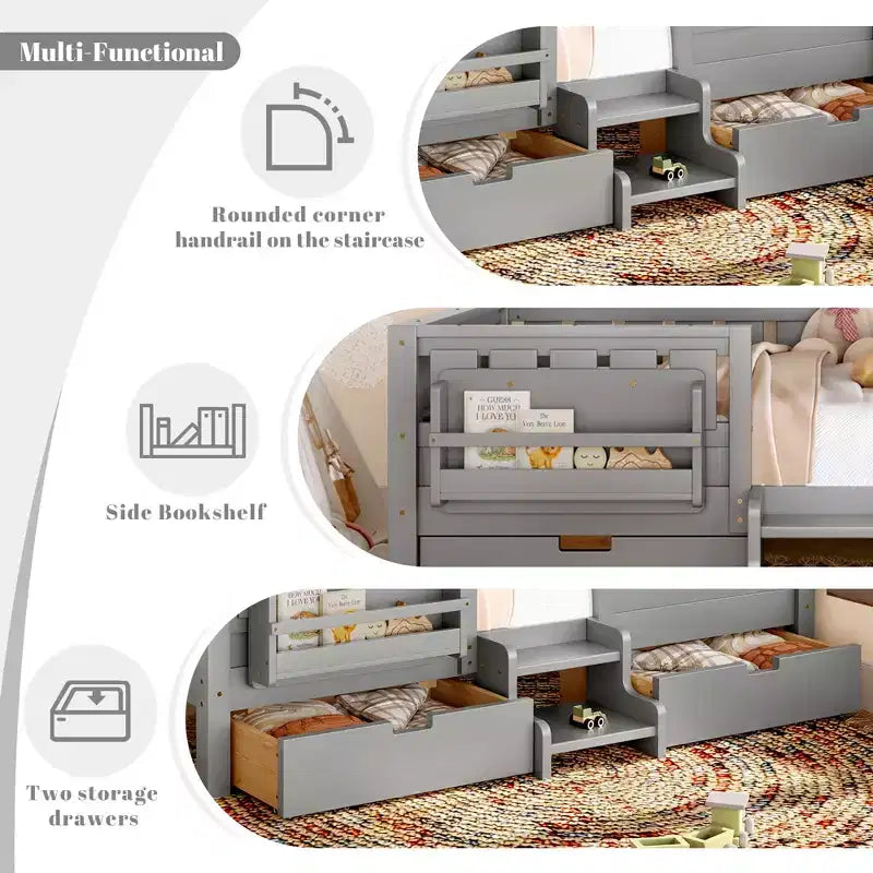 Bellemave Letto a piattaforma con librerie integrate e cassetti portaoggetti, telaio letto a piattaforma in legno massiccio con scala e ringhiere per bambini