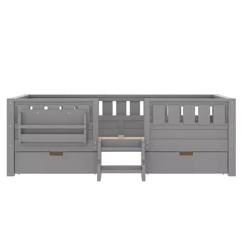 Bellemave Letto a piattaforma con librerie integrate e cassetti portaoggetti, telaio letto a piattaforma in legno massiccio con scala e ringhiere per bambini
