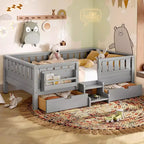 Bellemave Platform Bed with Built-in Bookshelves and Storage Drawers,Solid Wood Platform Bed Frame with Staircase and Rails for Kids
