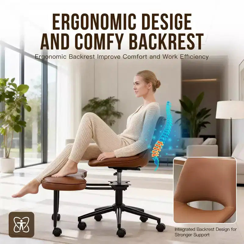 Sedia ergonomica con gambe incrociate in pelle sintetica PU, altezza regolabile, supporto lombare, girevole a 360°, sedile ampio incrociato, ruote per meditazione yoga ADHD