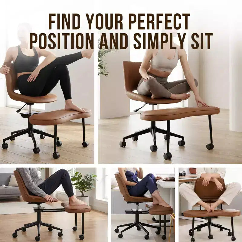Sedia ergonomica con gambe incrociate in pelle sintetica PU, altezza regolabile, supporto lombare, girevole a 360°, sedile ampio incrociato, ruote per meditazione yoga ADHD