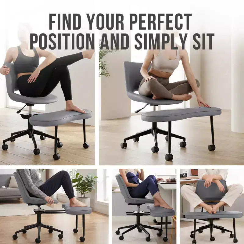 Sedia ergonomica con gambe incrociate in pelle sintetica PU, altezza regolabile, supporto lombare, girevole a 360°, sedile ampio incrociato, ruote per meditazione yoga ADHD