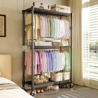 Heavy Duty 3-Tier Rolling Clothes Rack  Adjustable Shelves, Dual Hanging Rods,Metal Freestanding Wardrobe Organizer with Side Hooks,Wheels