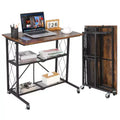 31.5 Foldable Mobile Desk with Wheels, 3-Tier Workstation with Wood Top & Metal Storage Shelf, Freestanding Organizer for Home Office & Living Room