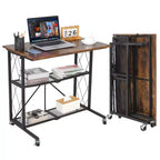 31.5 Foldable Mobile Desk with Wheels, 3-Tier Workstation with Wood Top & Metal Storage Shelf, Freestanding Organizer for Home Office & Living Room