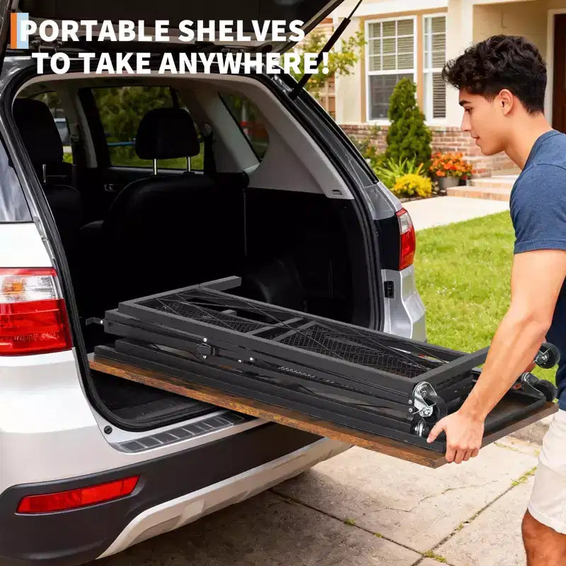 Scrivania mobile pieghevole da 31,5" con ruote, postazione di lavoro a 3 livelli con piano in legno e ripiano in metallo, organizer autoportante per ufficio e soggiorno