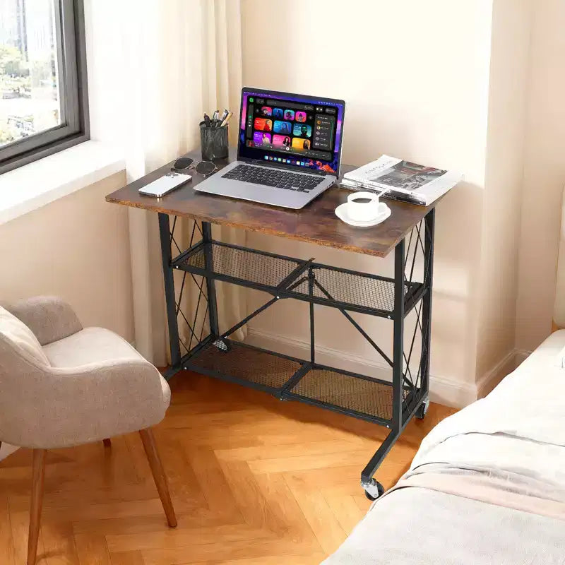 Scrivania mobile pieghevole da 31,5" con ruote, postazione di lavoro a 3 livelli con piano in legno e ripiano in metallo, organizer autoportante per ufficio e soggiorno