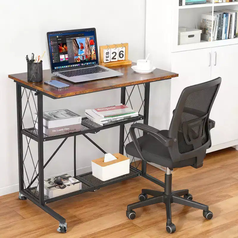 Scrivania mobile pieghevole da 31,5" con ruote, postazione di lavoro a 3 livelli con piano in legno e ripiano in metallo, organizer autoportante per ufficio e soggiorno