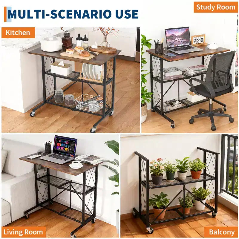 Scrivania mobile pieghevole da 31,5" con ruote, postazione di lavoro a 3 livelli con piano in legno e ripiano in metallo, organizer autoportante per ufficio e soggiorno