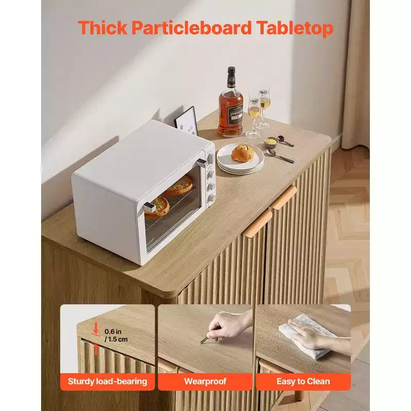 Mobiletto VEVOR per Caffè, Tavolo Bar per Caffè con Scanalature in Stile Metà Secolo con 2 Ripiani e 4 Ante a Fienile, 80x37.3x80 cm (Singolo), Colore Legno