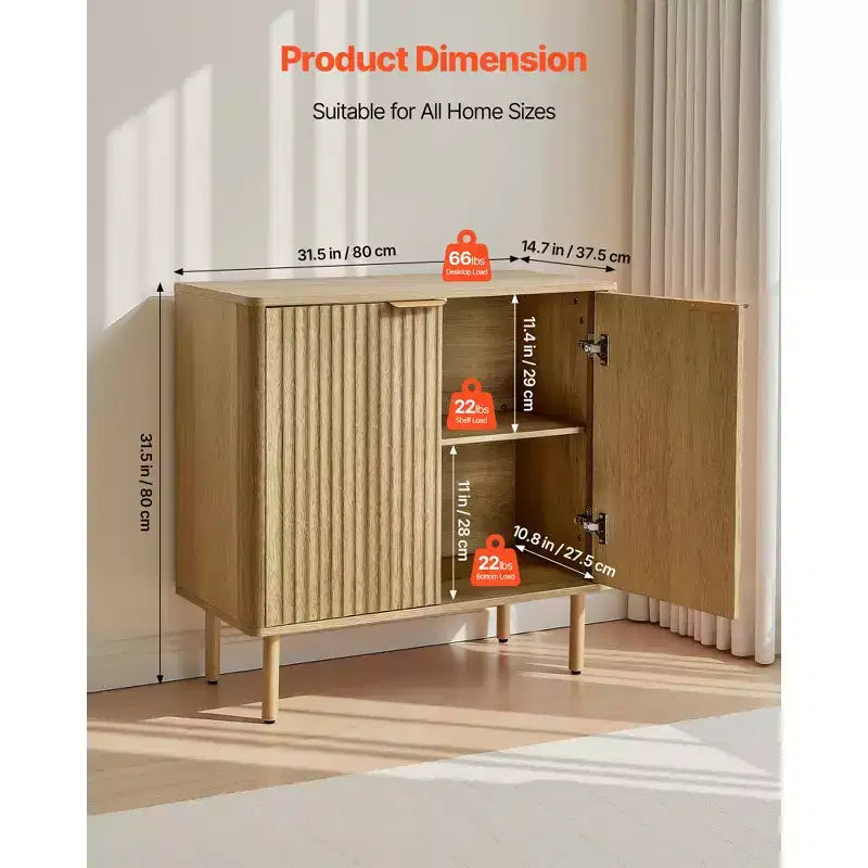 Mobiletto VEVOR per Caffè, Tavolo Bar per Caffè con Scanalature in Stile Metà Secolo con 2 Ripiani e 4 Ante a Fienile, 80x37.3x80 cm (Singolo), Colore Legno