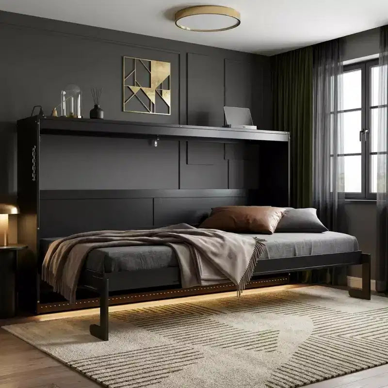 Polibi Letto Murphy Pieghevole Lateralmente con Luce LED Sottopavimento, Parte Superiore con Alimentazione USB e Parte Anteriore con Stampa Geometrica