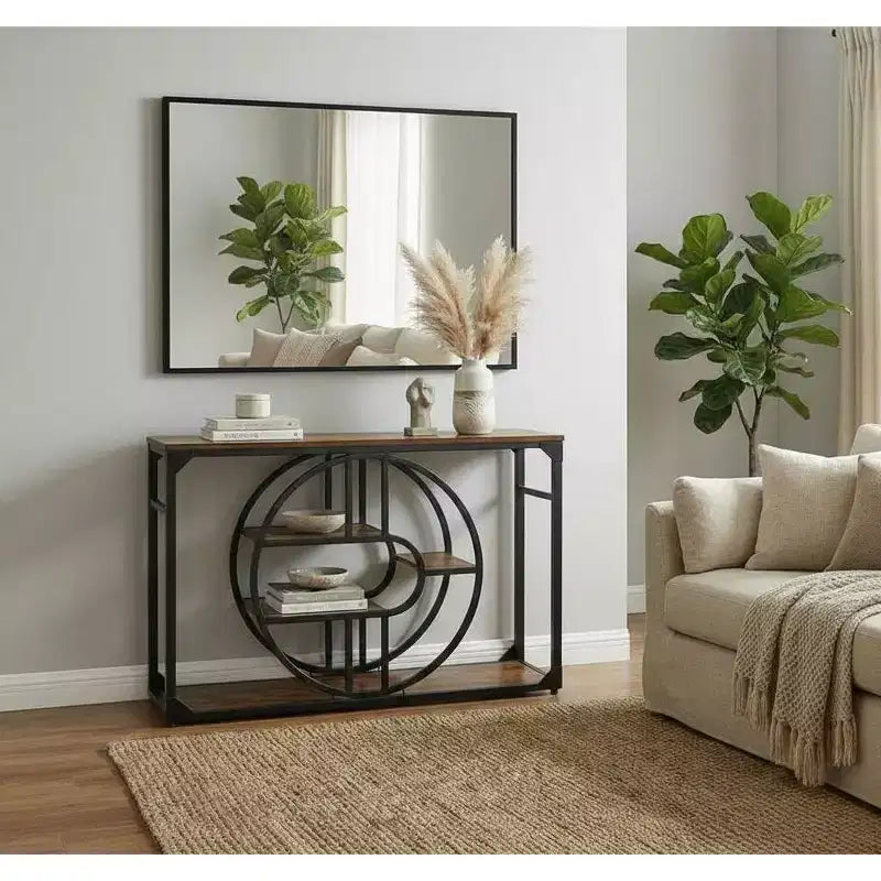 Consolle a O industriale - Tavolo stretto a 5 ripiani per ingresso con mensole portaoggetti - Tavolo da divano rustico stile fattoria per corridoio e soggiorno