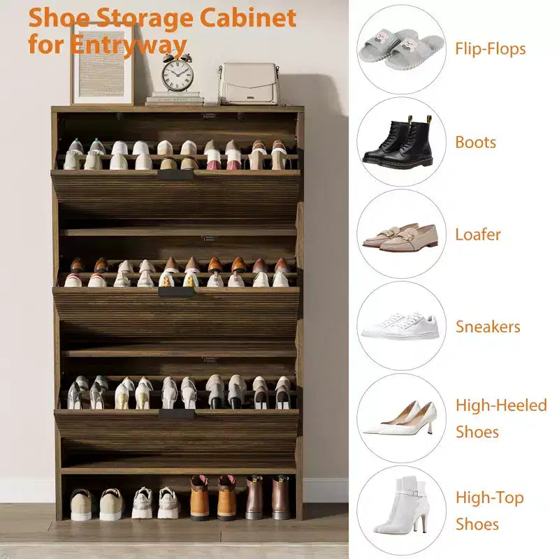 Scarpiera a Scomparsa con Ante a Ribalta e Design Scanalato, 32" L, Mobile Scarpiera a 3 Cassetti, Salvaspazio per Ingresso, Corridoio, Appartamento
