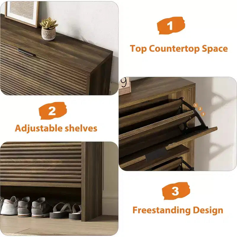Scarpiera a Scomparsa con Ante a Ribalta e Design Scanalato, 32" L, Mobile Scarpiera a 3 Cassetti, Salvaspazio per Ingresso, Corridoio, Appartamento