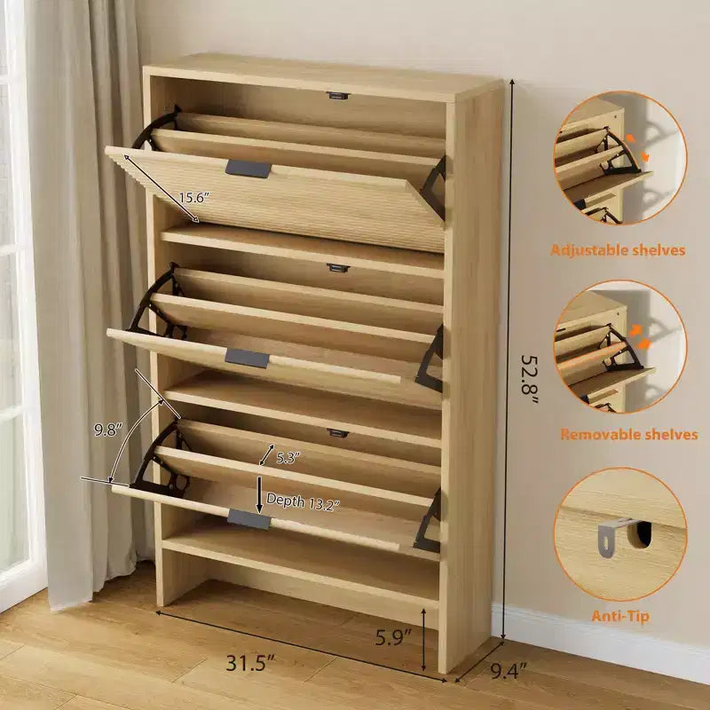 Scarpiera a Scomparsa con Ante a Ribalta e Design Scanalato, 32" L, Mobile Scarpiera a 3 Cassetti, Salvaspazio per Ingresso, Corridoio, Appartamento