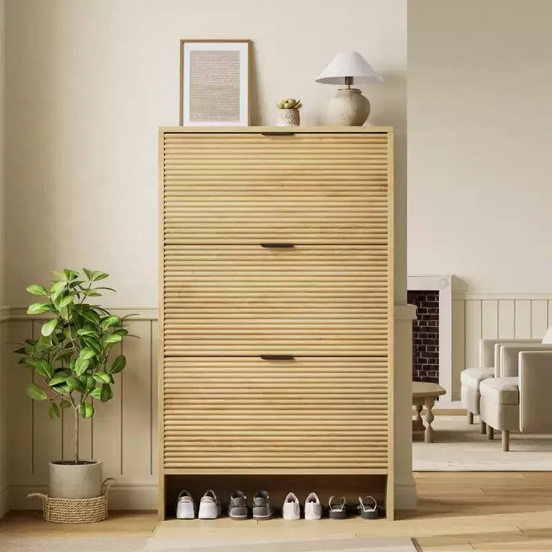 Scarpiera a Scomparsa con Ante a Ribalta e Design Scanalato, 32" L, Mobile Scarpiera a 3 Cassetti, Salvaspazio per Ingresso, Corridoio, Appartamento