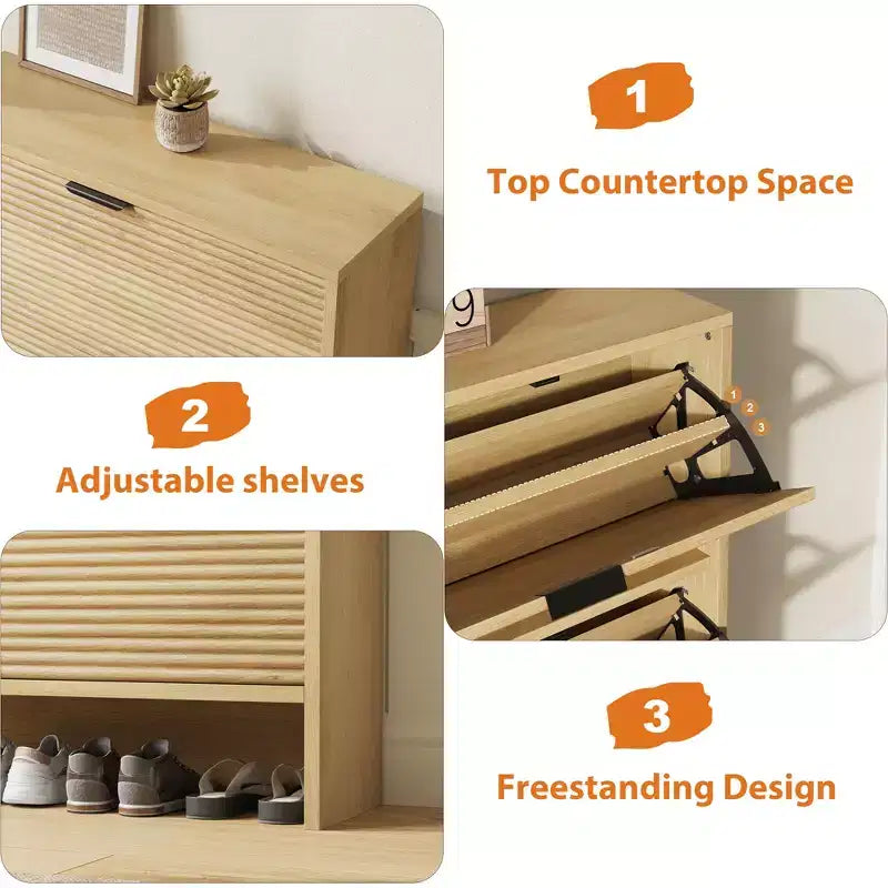 Scarpiera a Scomparsa con Ante a Ribalta e Design Scanalato, 32" L, Mobile Scarpiera a 3 Cassetti, Salvaspazio per Ingresso, Corridoio, Appartamento
