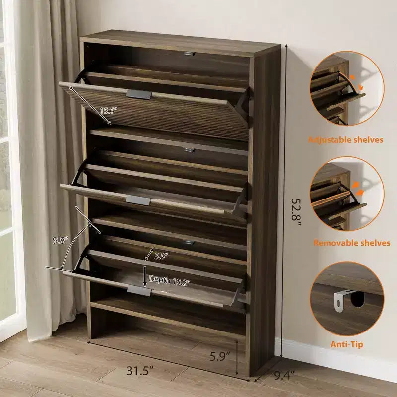 Scarpiera a Scomparsa con Ante a Ribalta e Design Scanalato, 32" L, Mobile Scarpiera a 3 Cassetti, Salvaspazio per Ingresso, Corridoio, Appartamento
