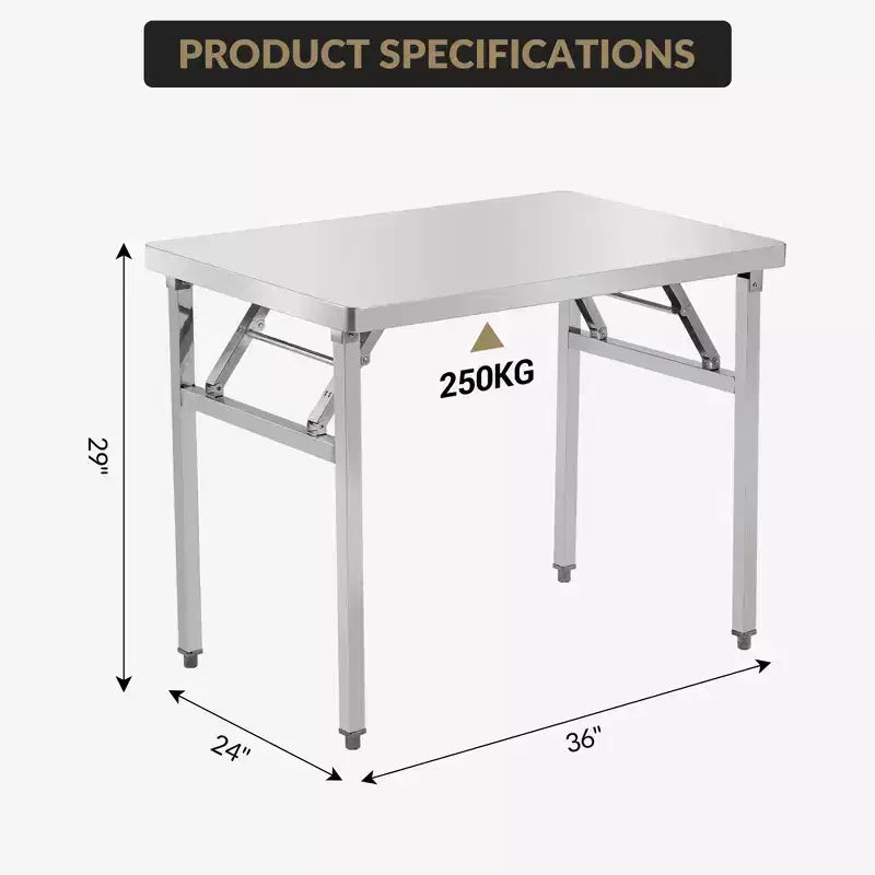 Garvee Tavolo Pieghevole in Acciaio Inossidabile, Tavolo di Servizio 36 x 24 con Piedino Regolabile per Cucina, Ristoranti, Argento