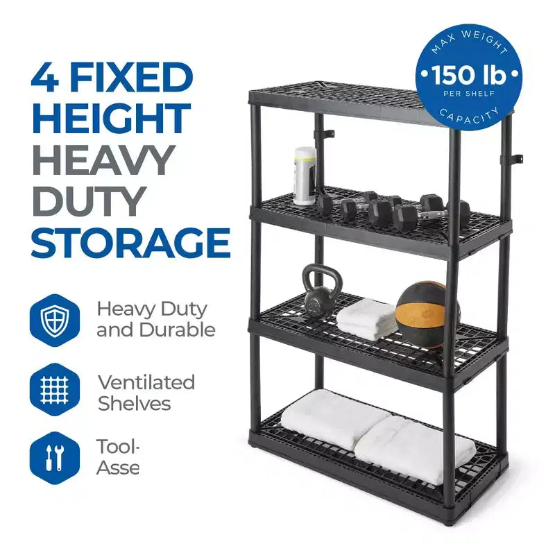 Unità di archiviazione Gracious Living a 4 ripiani, altezza fissa, ventilata, per carichi pesanti, 18 x 36 x 54,5, sistema organizer per casa, garage, seminterrato e lavanderia, nero