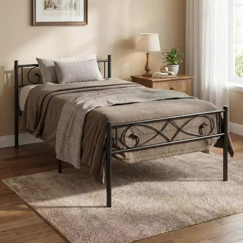 Struttura Letto a Piattaforma Matrimoniale in Metallo con Testiera e Pediera, Contenitore Sottopiattaforma, Nessuna Molla Richiesta, Facile Montaggio, Nero