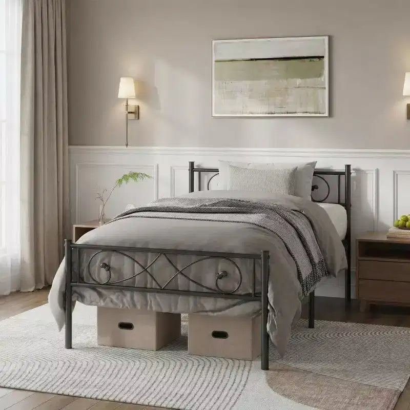 Struttura Letto a Piattaforma Matrimoniale in Metallo con Testiera e Pediera, Contenitore Sottopiattaforma, Nessuna Molla Richiesta, Facile Montaggio, Nero