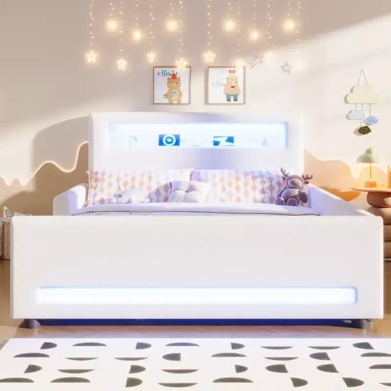 GDFStudio Torres Letto a Piattaforma Imbottito con Cassetto, Striscia LED, Porta USB