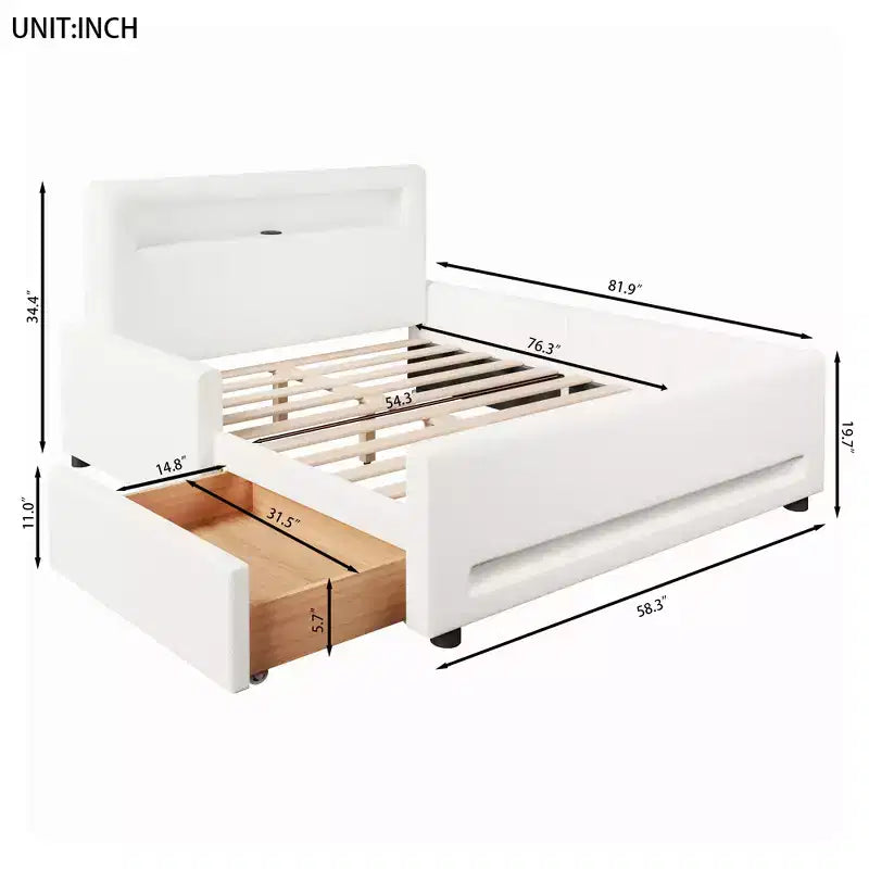 GDFStudio Torres Letto a Piattaforma Imbottito con Cassetto, Striscia LED, Porta USB