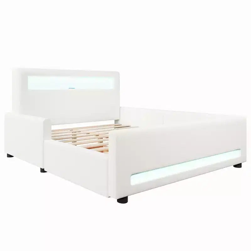 GDFStudio Torres Letto a Piattaforma Imbottito con Cassetto, Striscia LED, Porta USB