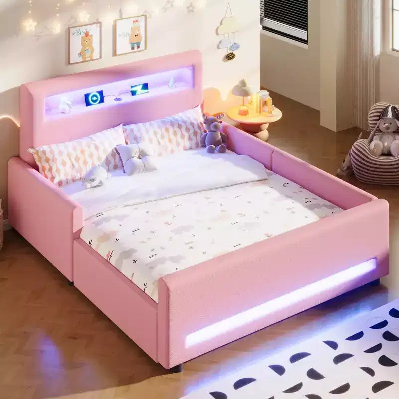 GDFStudio Torres Letto a Piattaforma Imbottito con Cassetto, Striscia LED, Porta USB